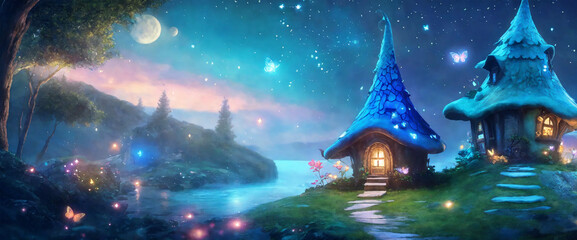 Hand drawn blue fairytale village banner -AI generated