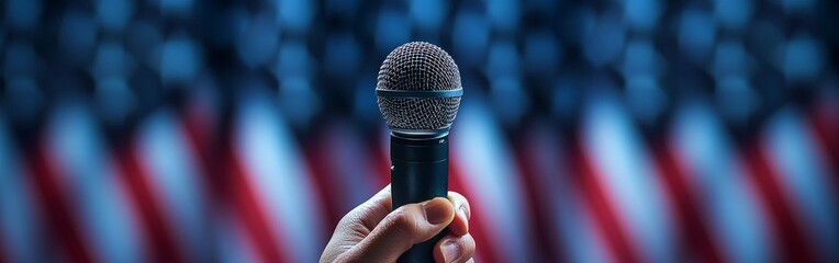 Hand Holding Microphone with American Flags in Background
