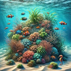 Colorful ocean scene with vibrant coral reef and tropical fish in clear blue water