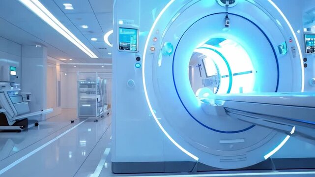 A hospital radiology department, showcasing MRI and CT scanners, set against a white background to emphasize the advanced medical equipment