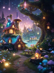 Fototapeta premium Hand drawn fairytale village in a magical forest with Butterflies - AI generated