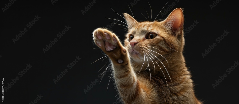 Aufkleber a playful ginger cat raising its paw and gazing against a black background ideal for copy space imag