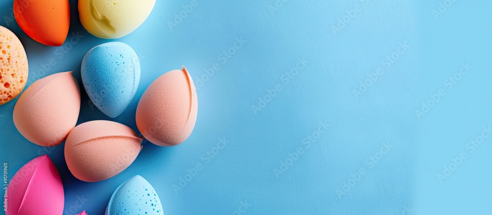 Poster various types of makeup sponges displayed on a blue backdrop with copy space image