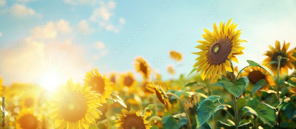 Sticker scenic view of sunflowers in the field with copy space image