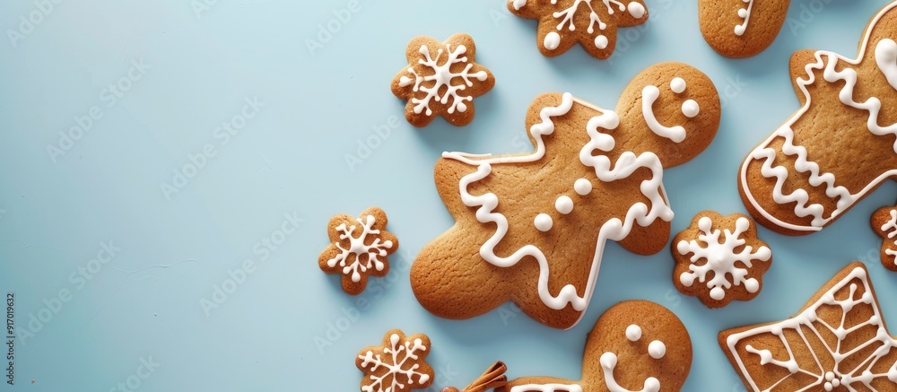 Canvas Prints gingerbread christmas cookies displayed on a pastel blue backdrop with copy space image