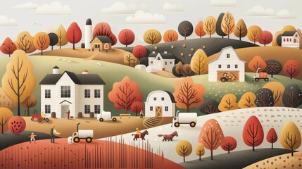 A vibrant farm scene, with workers arranging equipment and tools in the barn, ready for a busy day of harvesting