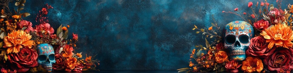 Day of the Dead, el Dia de los Muertos Celebration, Sugar Skull and Flowers Background, with copy space, AI Generated