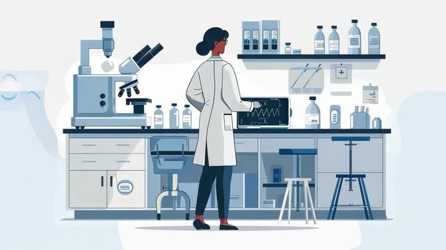 Vector art of a healthcare professional using diagnostic equipment is set against a clean white background. Focus on the intricacy and detail of the tools.