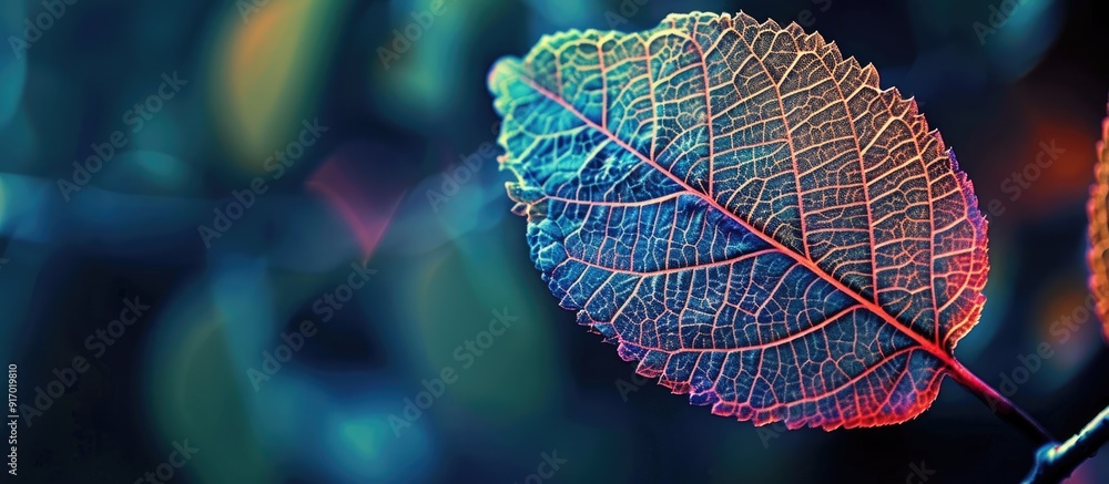 Poster a colorful leaf with intricate textures and vein patterns displayed in a natural environment with co