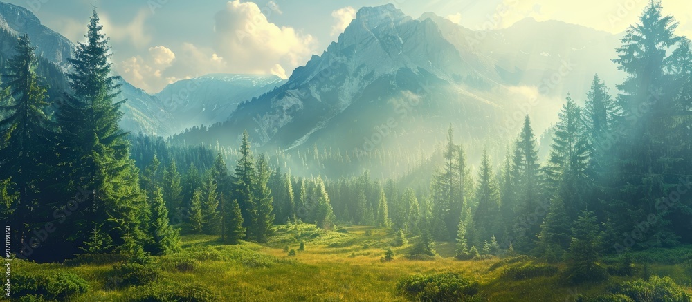 Poster mountain landscape merging meadow and forest with a copy space image