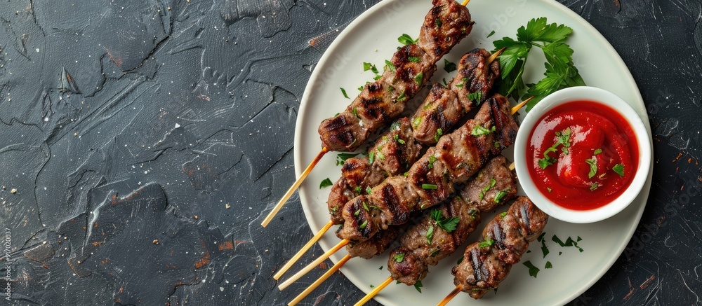 Poster an appetizing kebab on a plate from above with plenty of copy space image for showcasing your prefer