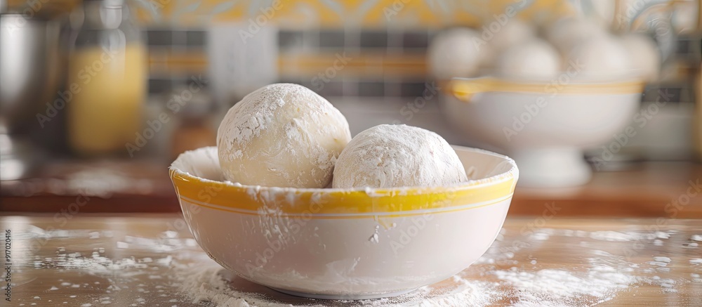 Poster a close up of two white bread dough balls covered in flour inside a white bowl with yellow trim on a