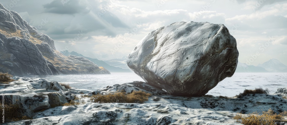 Poster Large boulder perched on the rugged shore with a spacious copy space image