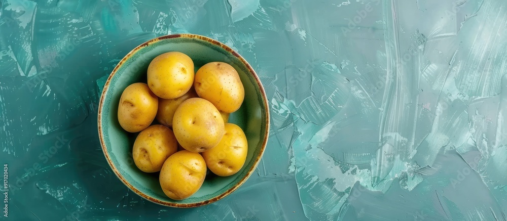 Wall mural top view of a bowl with fresh raw potatoes on a green background with copy space image available