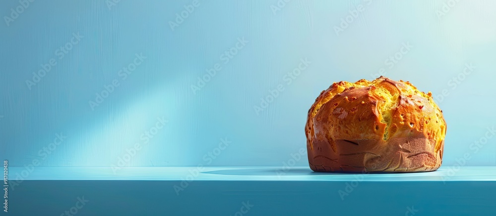 Poster a minimalist sourdough panettone on a blue table in bright light with a copy space image