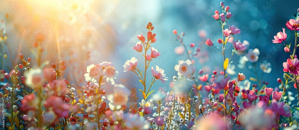 Poster bright sunlight bathes delicate spring flowers in a vibrant tapestry of color against a backdrop of 