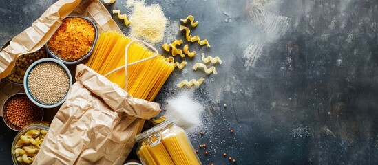 Top view of a paper bag filled with a variety of basic food essentials for crisis relief including pasta buckwheat sugar rice cereals and canned goods ideal for quarantine support Copy space image
