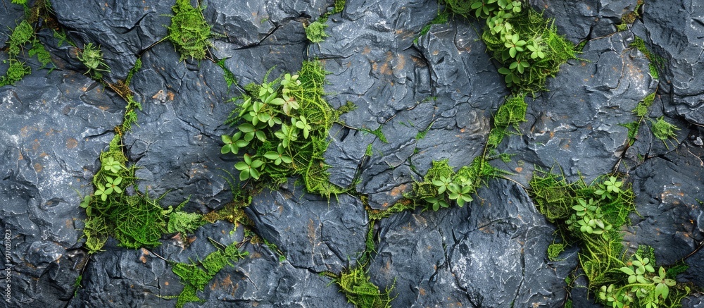 Aufkleber Stone textured background with lush green moss adding depth and interest perfect for a copy space image