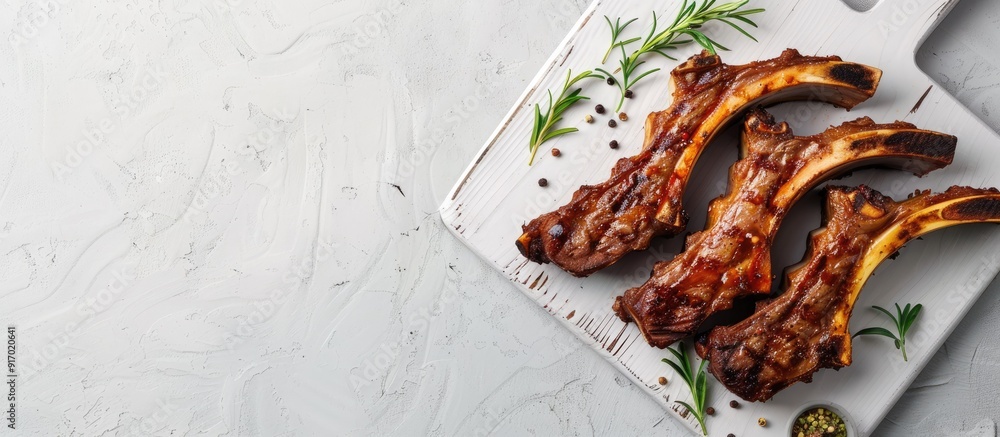 Poster A picture showing a white wooden board with a rack of grilled lamb ribs featuring empty space for text or other elements in the image. . image with copy space