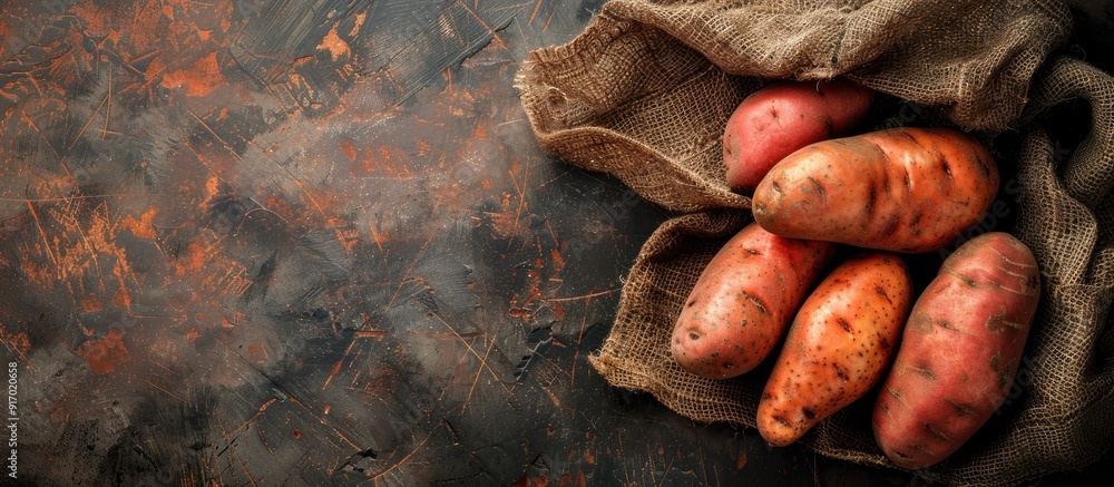 Poster sweet potatoes displayed on a dark rustic backdrop with copy space image