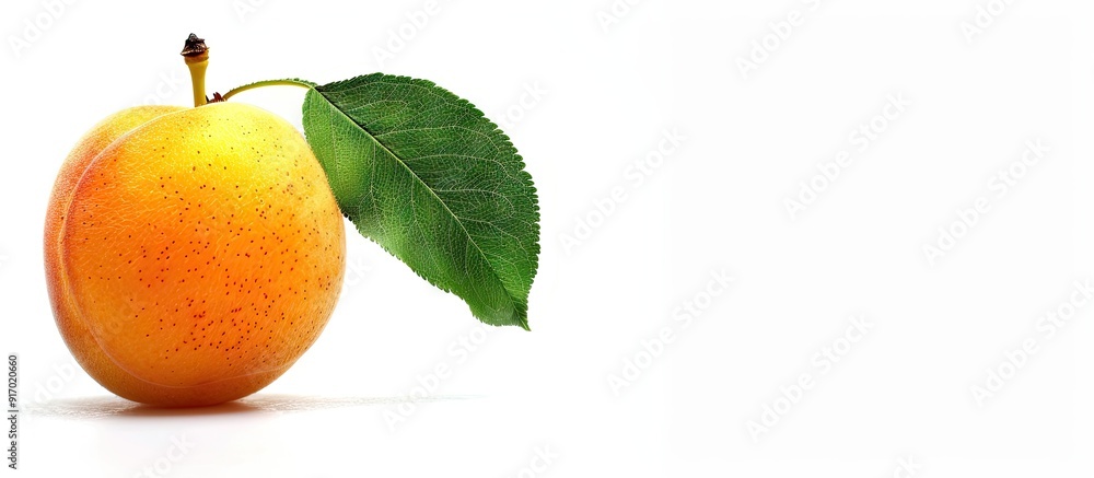 Aufkleber Isolated on a white background an apricot fruit with a green leaf is displayed with a clipping path for easy editing alongside a copy space image