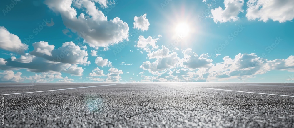 Poster natural landscape with an asphalt road square sunlit sky and clouds suitable for a copy space image
