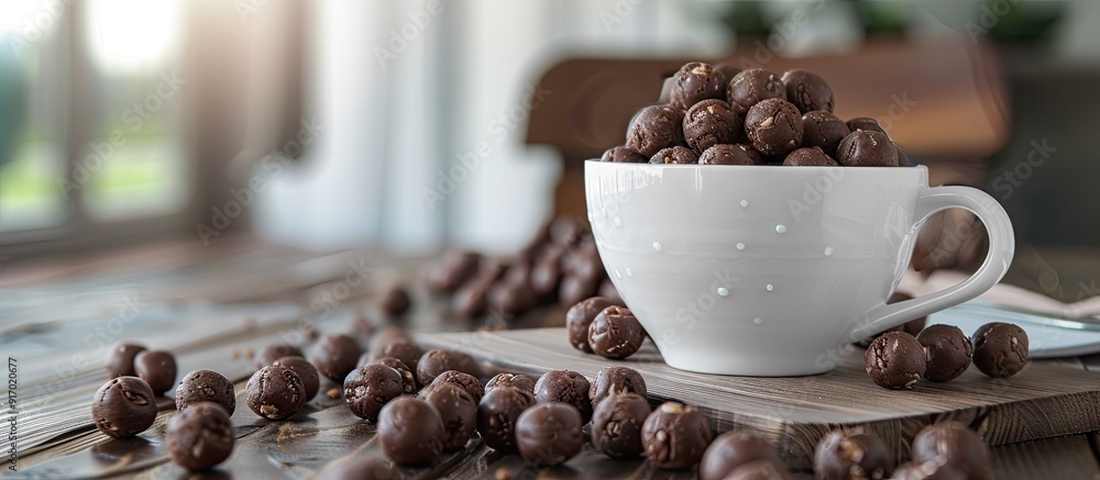 Poster Close up of chocolate cereal balls scattered on a board with a white teacup creating an aesthetic arrangement with copy space image