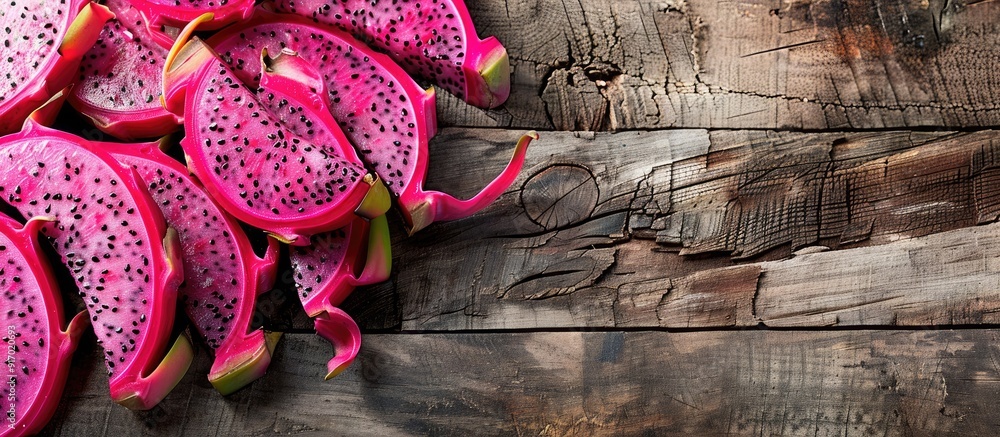 Poster dragon fruit slices displayed on a wooden surface with ample copy space image