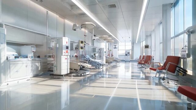 A hospital dialysis room with advanced dialysis machines, patient chairs, and a sterile white environment for optimal patient care.