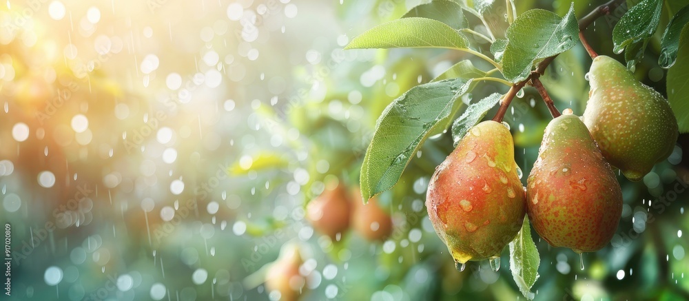 Poster ripe pears on green tree branches with a rainy summer day background in the copy space image