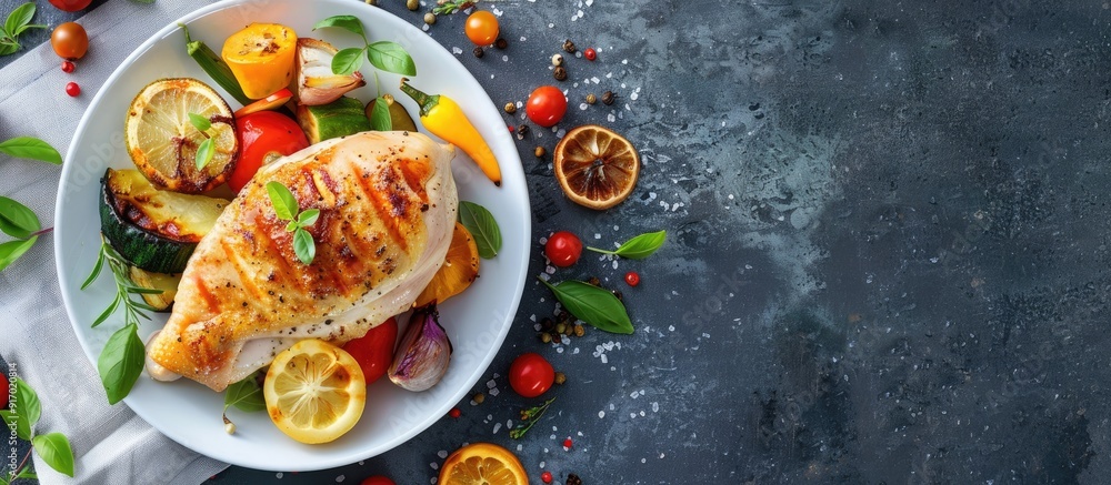 Aufkleber A delicious dish comprising roasted chicken fillet served with assorted vegetables displayed in a copy space image