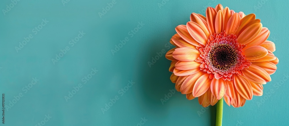 Poster gerbera flower displayed on a vibrant green backdrop with copy space image