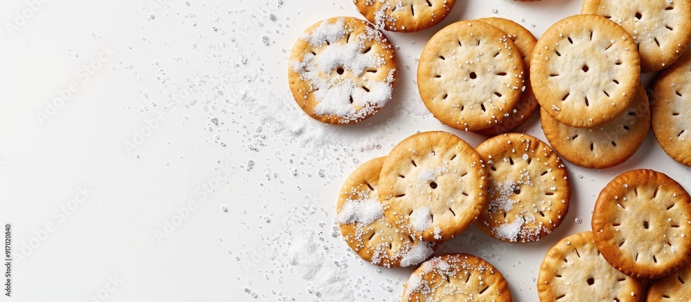 Poster Round crackers sprinkled with sugar on a white background with space for text or images. . image with copy space