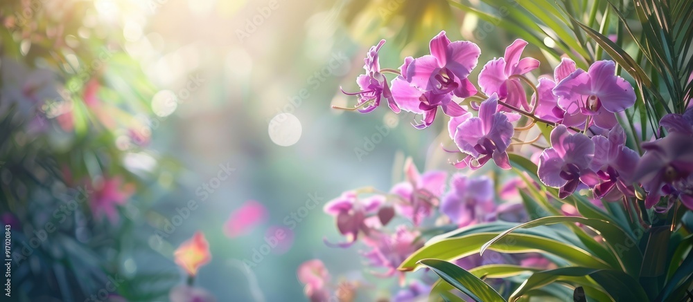 Poster in the garden there are blooming purple dendrobium orchids with a visually appealing copy space imag
