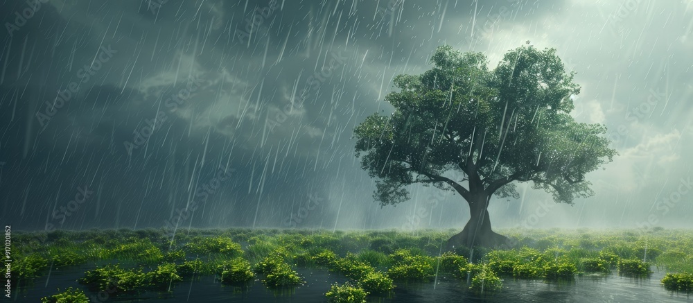Poster Breathtaking scene of a tree with copy space image as rain approaches