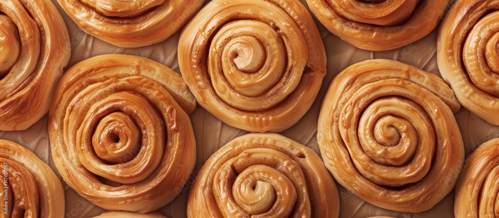 Poster freshly baked cinnamon rolls with a golden brown hue arranged on a baking sheet with copy space imag
