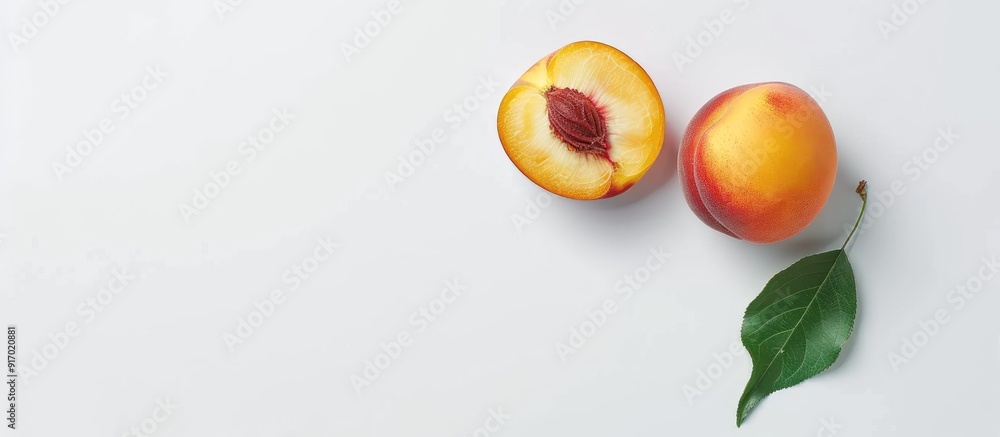 Aufkleber Ripe peach with leaf and slice on white backdrop in image with copy space Includes clipping path in file
