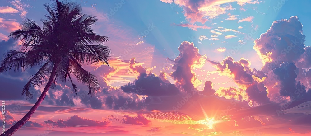 Aufkleber Sunrise silhouette of a sugar palm tree with clouds creates a beautiful color effect in the sky ideal for a copy space image