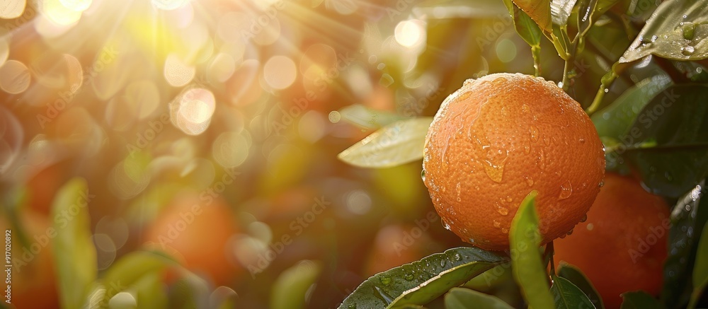 Poster close up of an orange fruit in an orange farm setting with ample copy space image