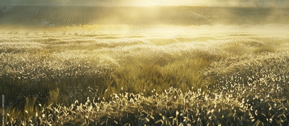 Aufkleber a scenic mist covered field with sunlight in a close up copy space image