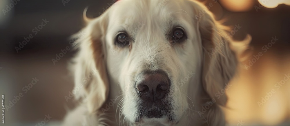 Poster Closeup portrait of a white golden retriever gazing at the camera in an indoor setting ideal for a copy space image