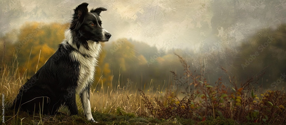 Poster A border collie sitting on the grass with a focused gaze on something in the distance in a serene setting with copy space image available