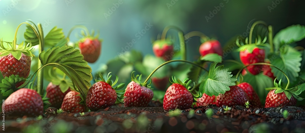 Poster Close up image of strawberries growing in a garden with copy space image
