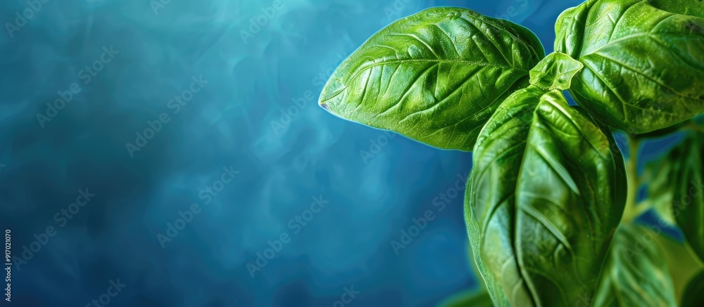 Poster close up of a green basil leaf against a blue backdrop creates a beautiful copy space image