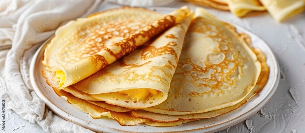 Poster pancakes filled with cheese displayed on a white plate with copy space image
