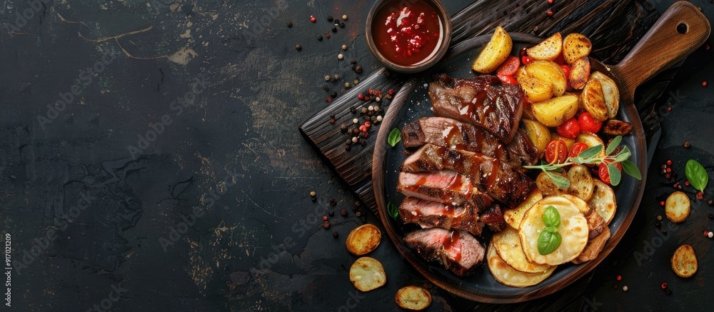 Poster roasted meat and crispy potato chips drizzled with sauce on a plate with a copy space image