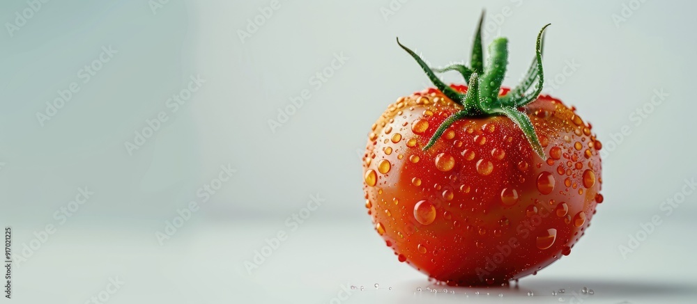 Poster Isolated on a white backdrop there is a fresh red tomato with wet drops offering ample copy space for an image