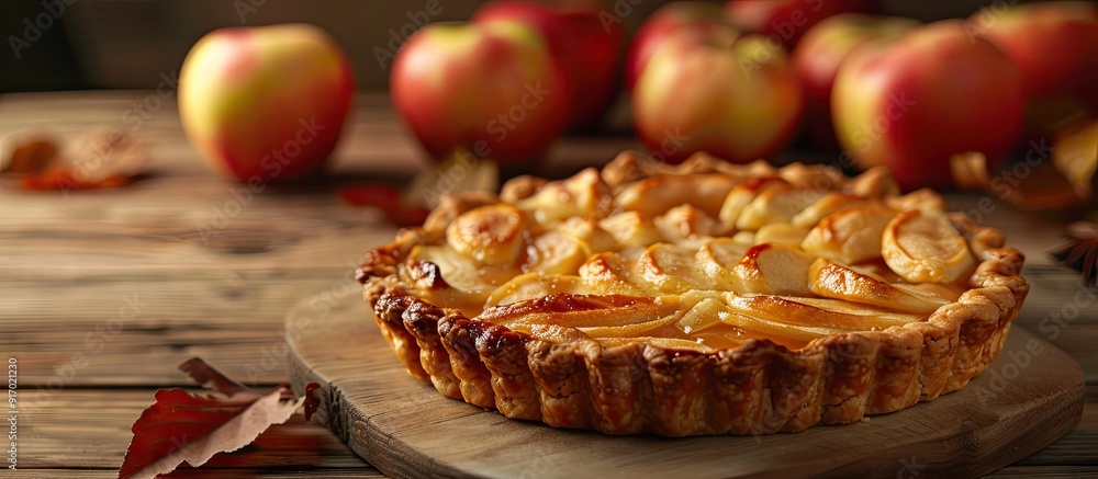 Aufkleber Apple pie tart displayed elegantly on a rustic wooden table with a beautiful copy space image