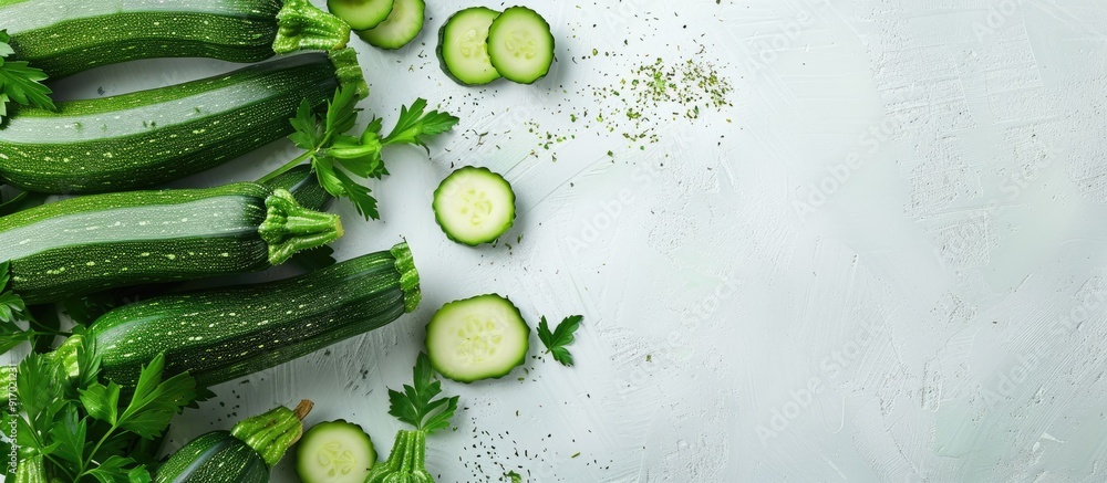 Poster zucchinis freshly cut on a white background with copy space image