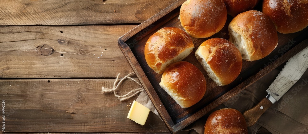 Poster small white bread rolls and loaves displayed on a wooden surface with a knife and butter with clear 